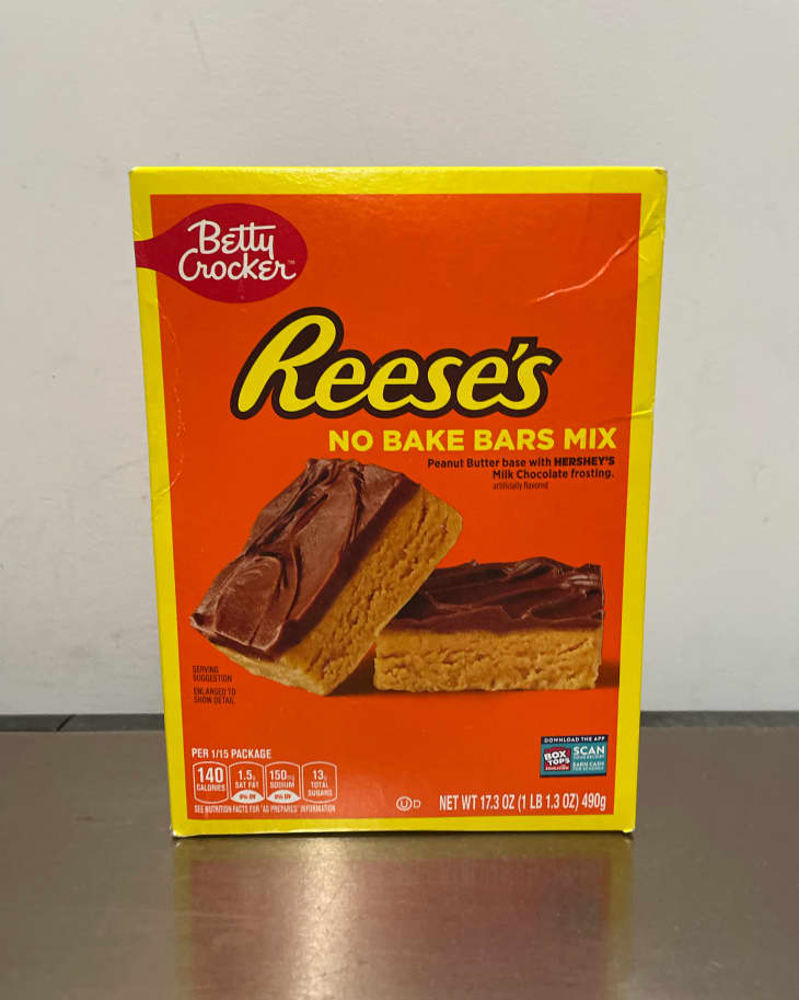 Reese's No Bake bar mix in box on counter.