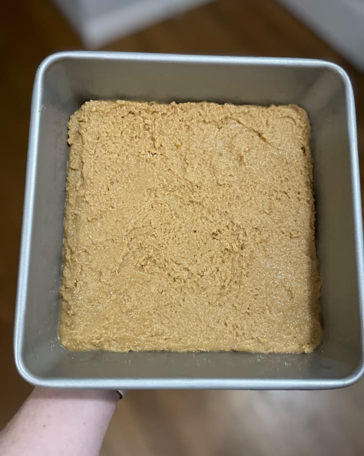 Peanut butter in the bottom of baking tray.