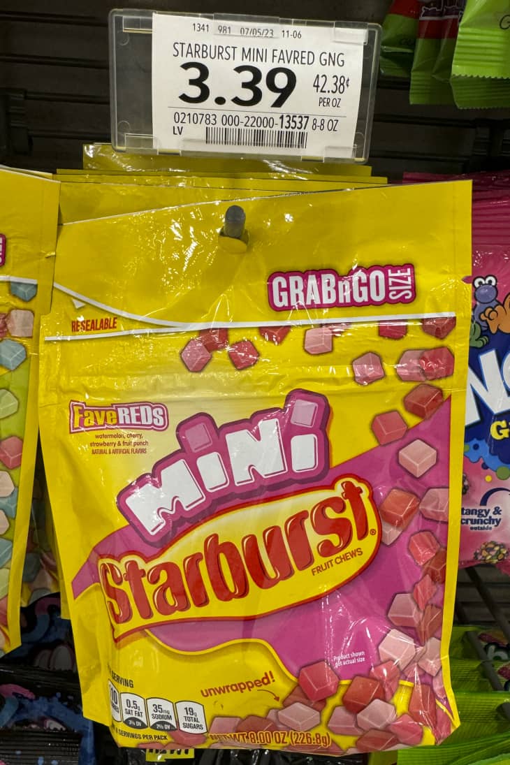 Mini starburst on sale in a gas station.