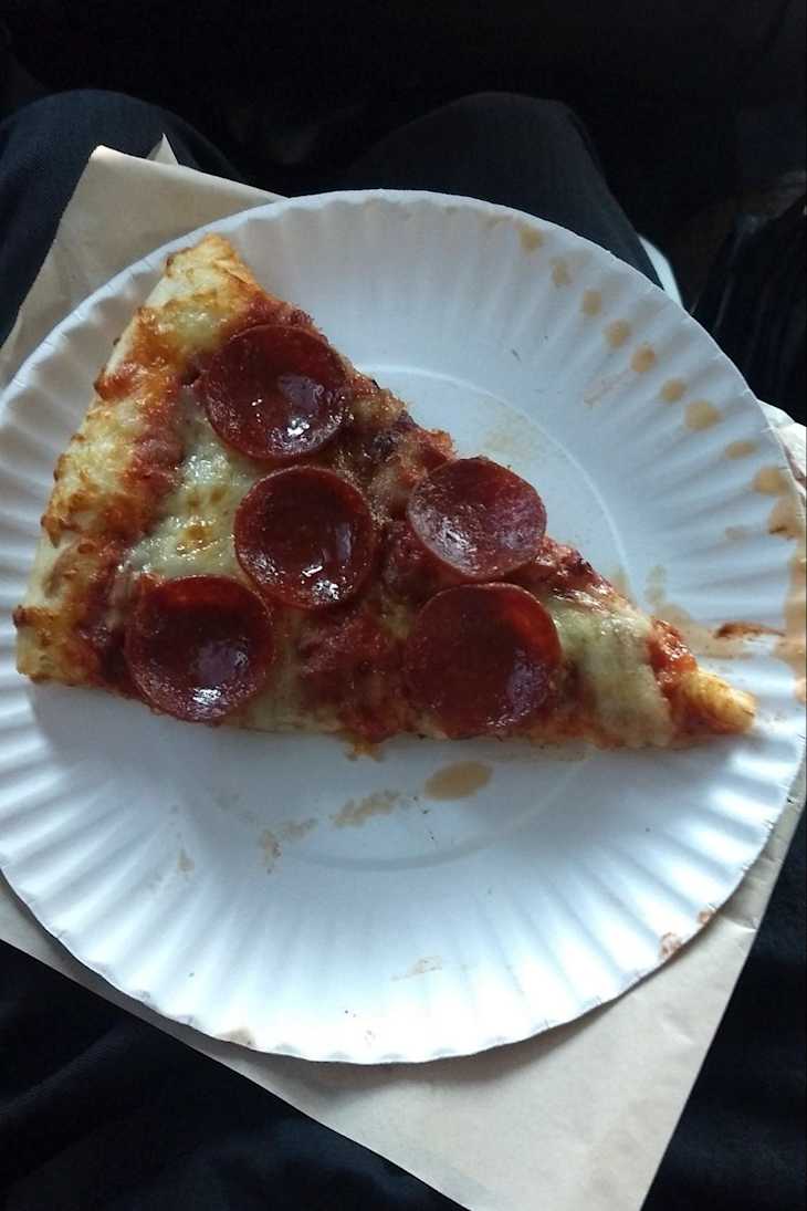 Pepperoni pizza on a plate.