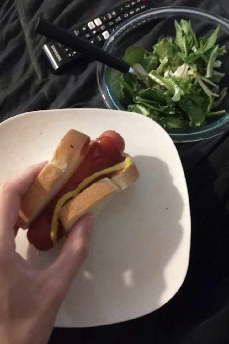 Hot dog and salad ready to be eaten.