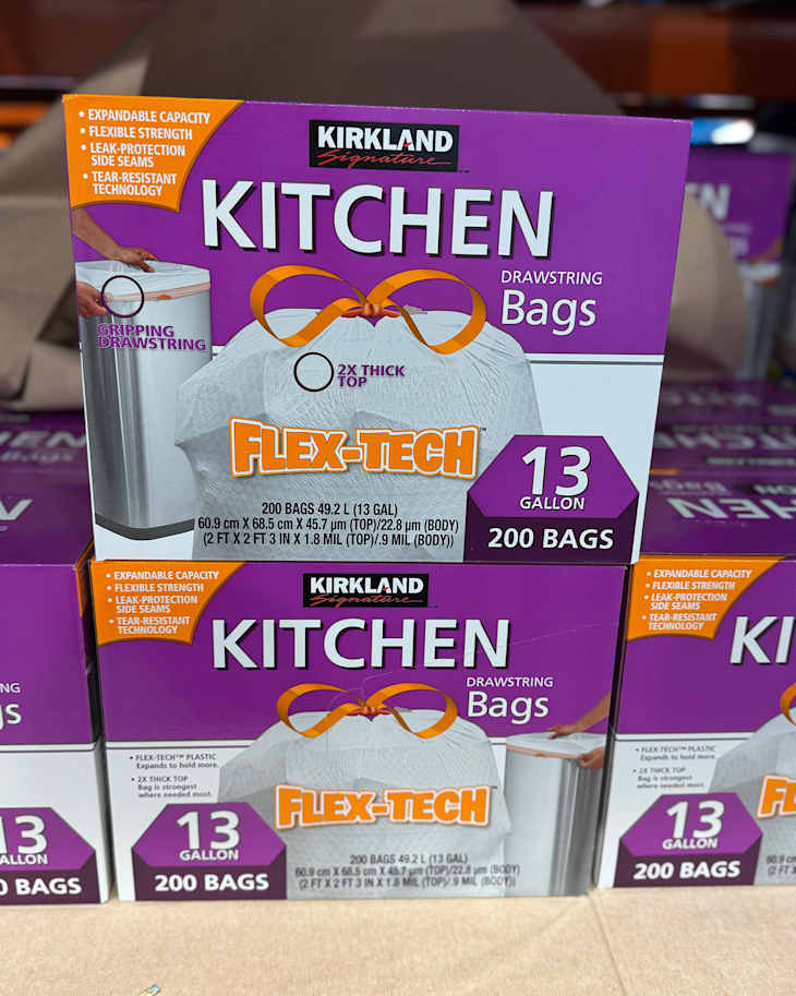 Kirkland Signature Flex-Tech 13-Gallon Kitchen Trash Bag at Costco store