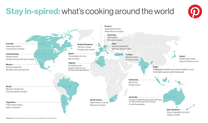 World map of popular quarantine recipes on Pinterest