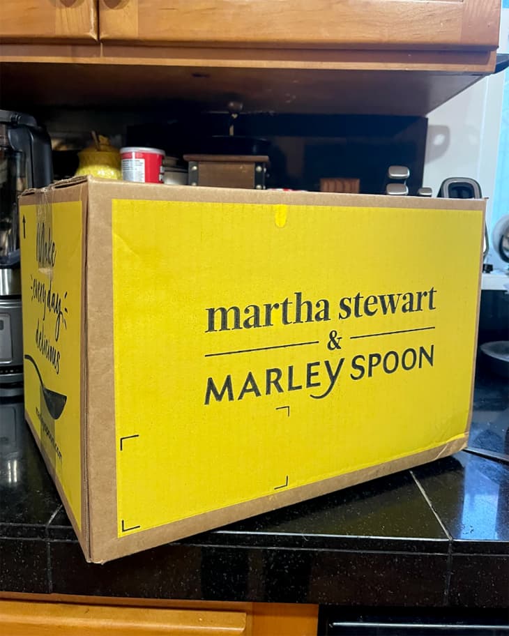 Yellow box with meal prep kit inside from Martha Stewart's collab with Marley Spoon