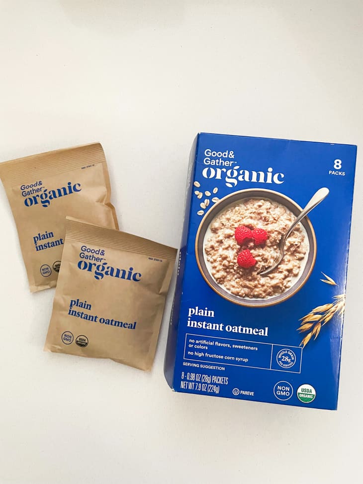 Good and Gather organic oatmeal on white surface.