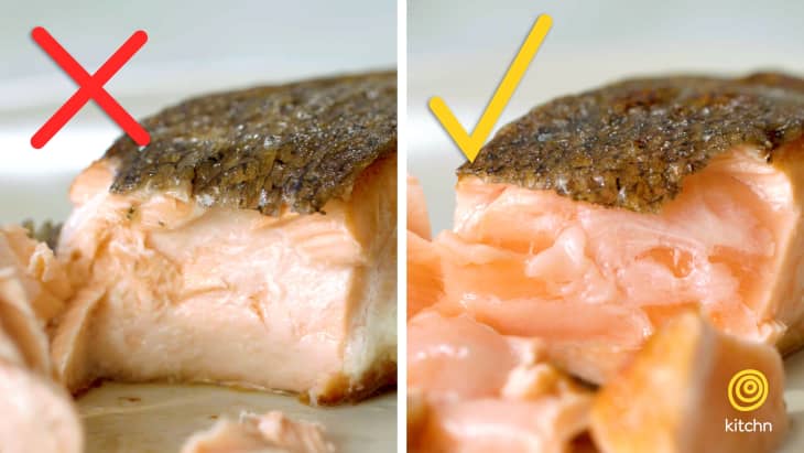 Side by side up close comparison of salmon overcooked and done