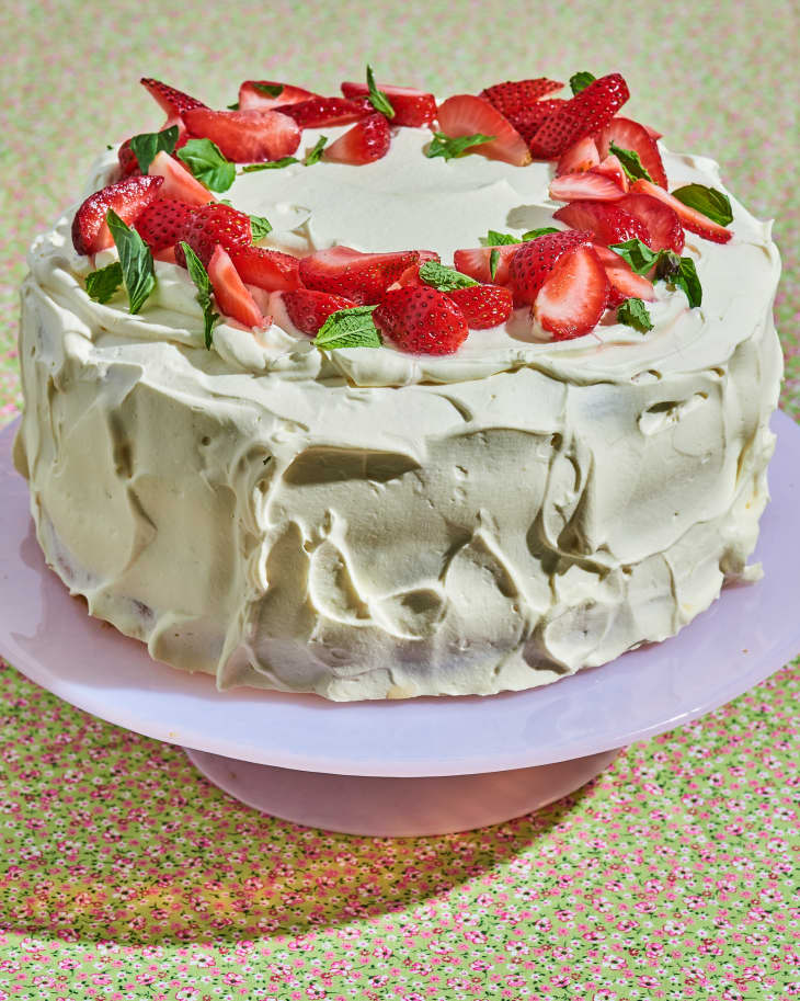 strawberry cake on cake stand