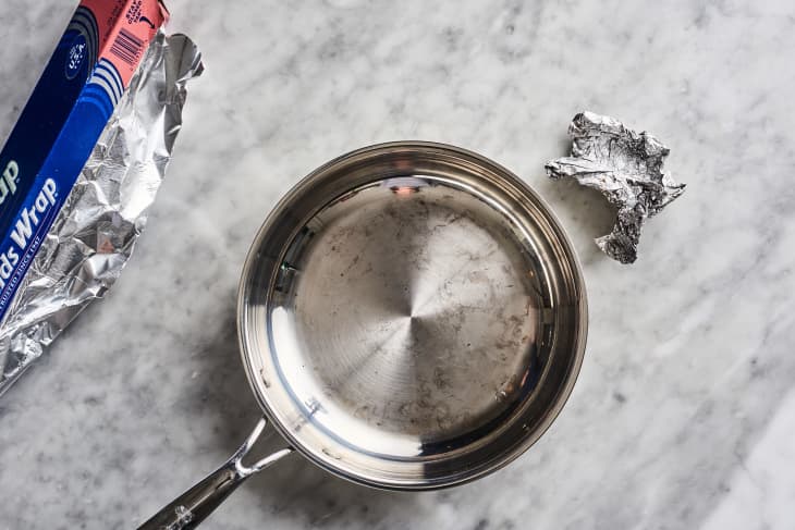 A clean pan with a ball of tin foil