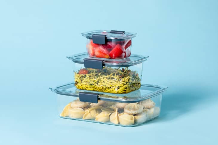 food storage containers with frozen food stacked