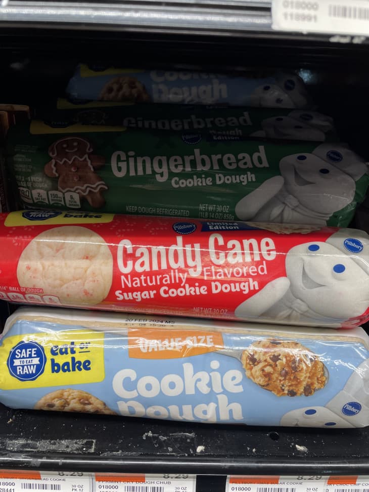Pillsbury cookie dough packages stacked on grocery shelf