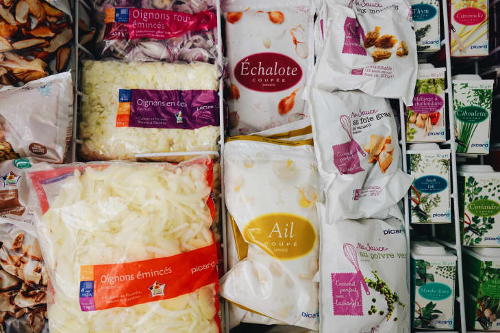 Various French frozen food in grocery store freezer