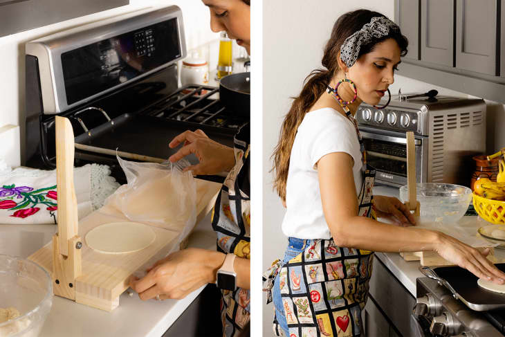 Perla Farias pressing tortillas