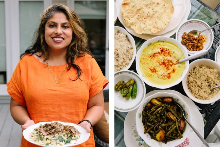Diptych: Left: Rachita Sharma holding plate of food. Right: Various side dishes plated.