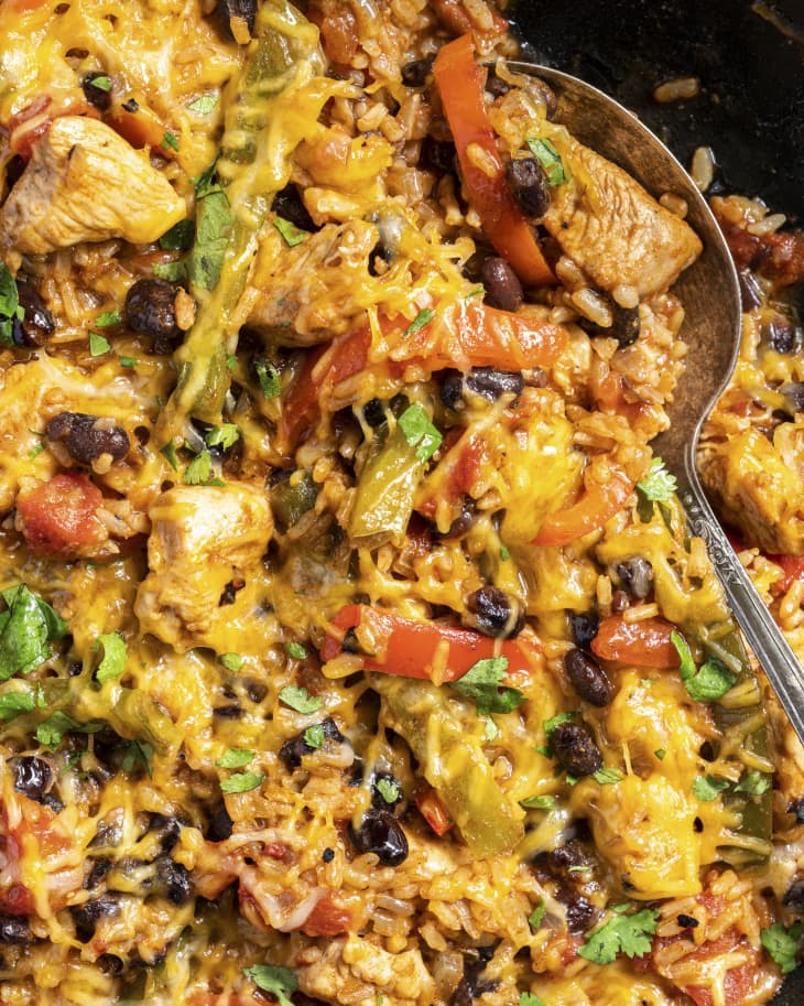 fiesta chicken, a spanish style chicken and rice dish, with vegetables mixed in