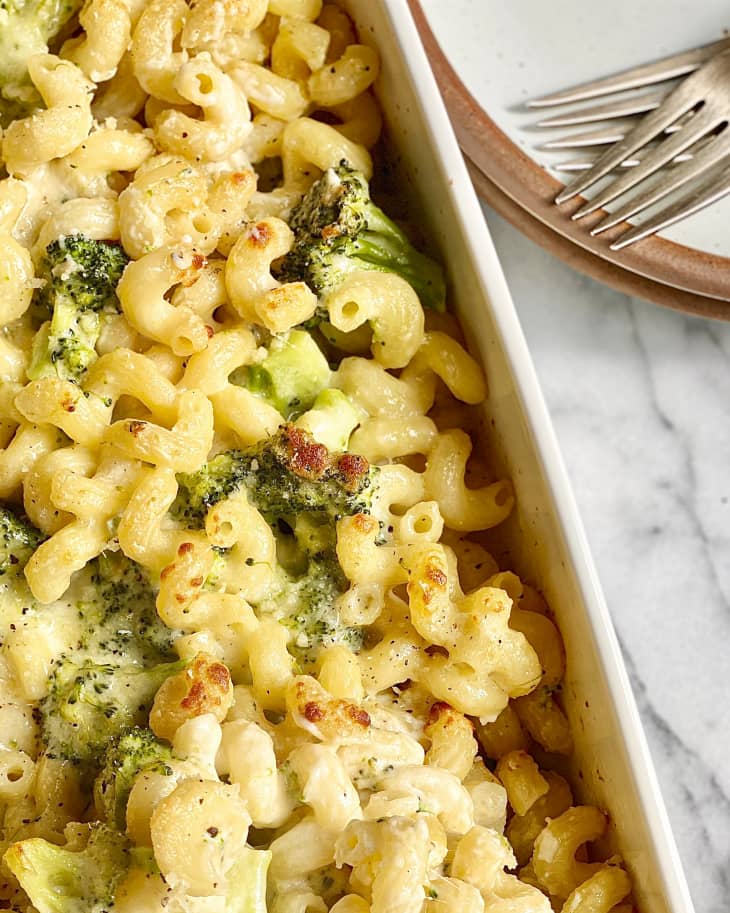 Cavatappi (the Italian word for corkscrews, Cavatappi is a macaroni formed in a helical tube shape) baked with cheese sauce and broccoli.