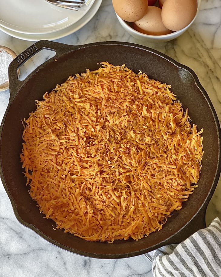 sweet potato hashbrowns in a skillet
