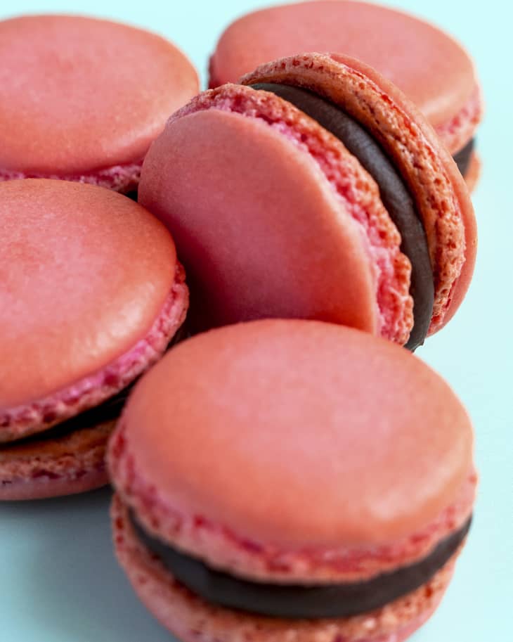 pink macarons with chocolate filling