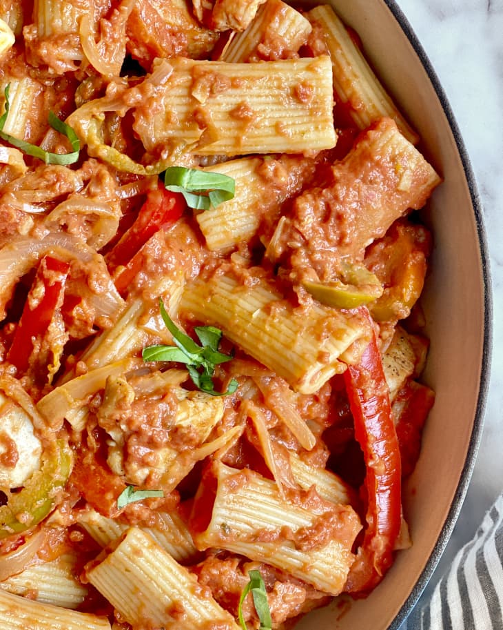 Chicken riggies or Utica riggies is an Italian-American pasta dish native to the Utica-Rome area of New York State. Although many variations exist, it is a pasta-based dish typically consisting of chicken, rigatoni, and hot or sweet peppers in a spicy cream and tomato sauce