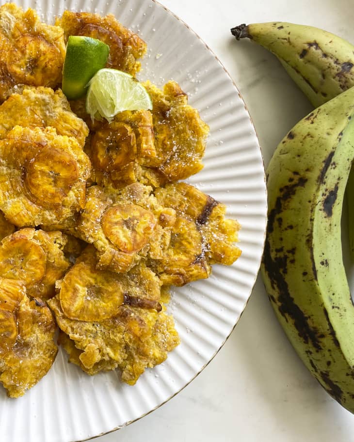 Tostones on a plate (twice-fried plantain slices commonly found in Latin American cuisine and Caribbean cuisine)