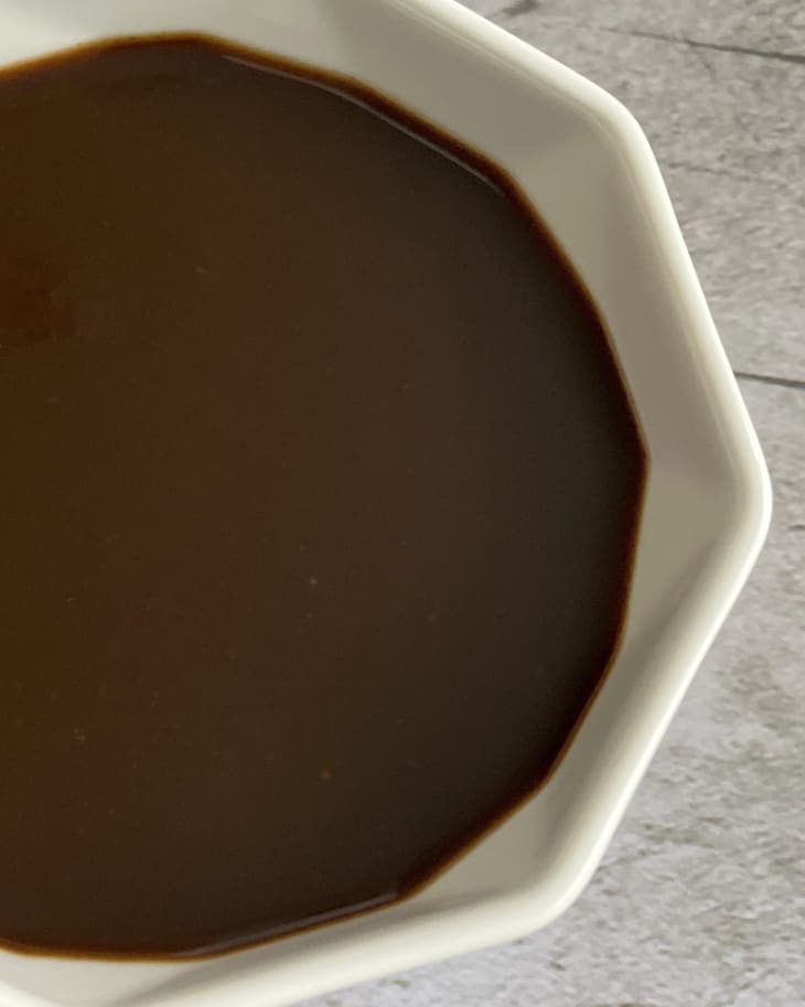 Worcestershire sauce in a white angled bowl