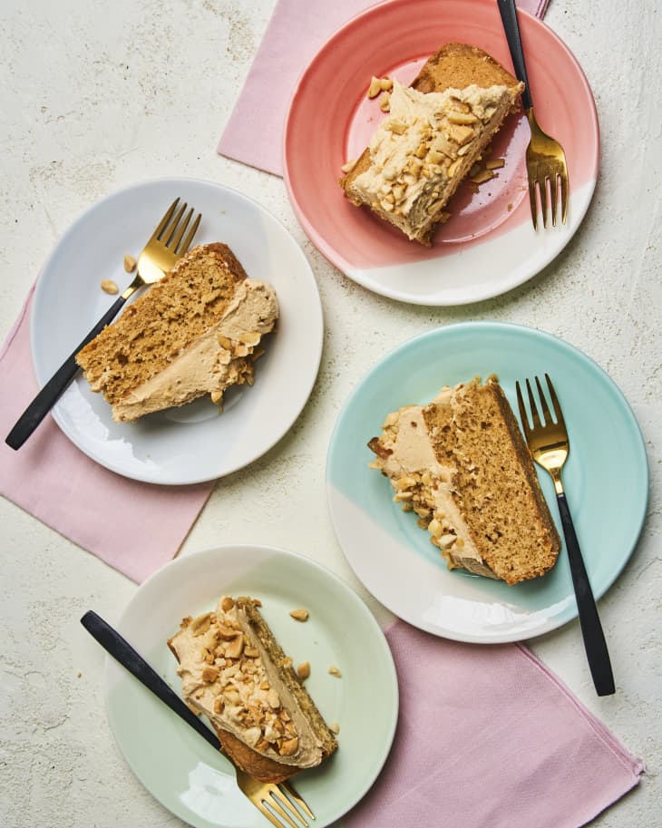a slice of peanut butter cake on a turquoise plate