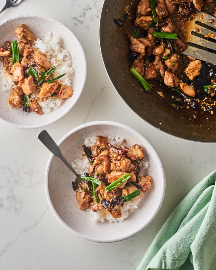 chicken szechuan in a bowl with rice