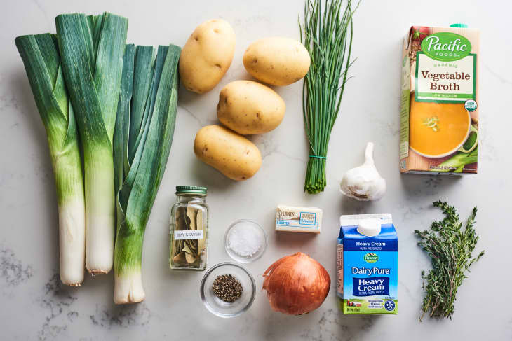 ingredients for potato leek soup on the counter