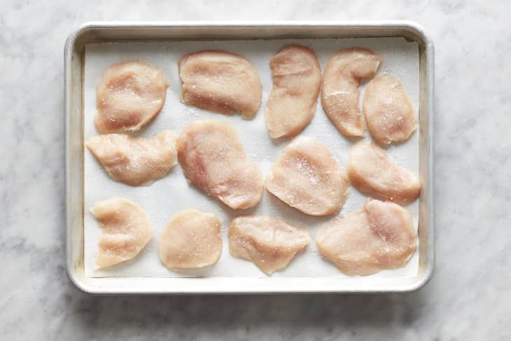 Raw chicken slices lay on top of a baking sheet that is lined with parchment paper.