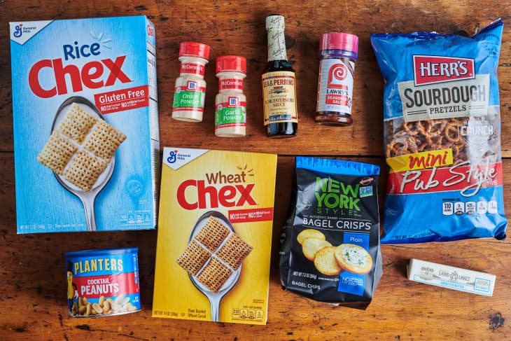 ingredients for chex mix laid out on kitchen counter