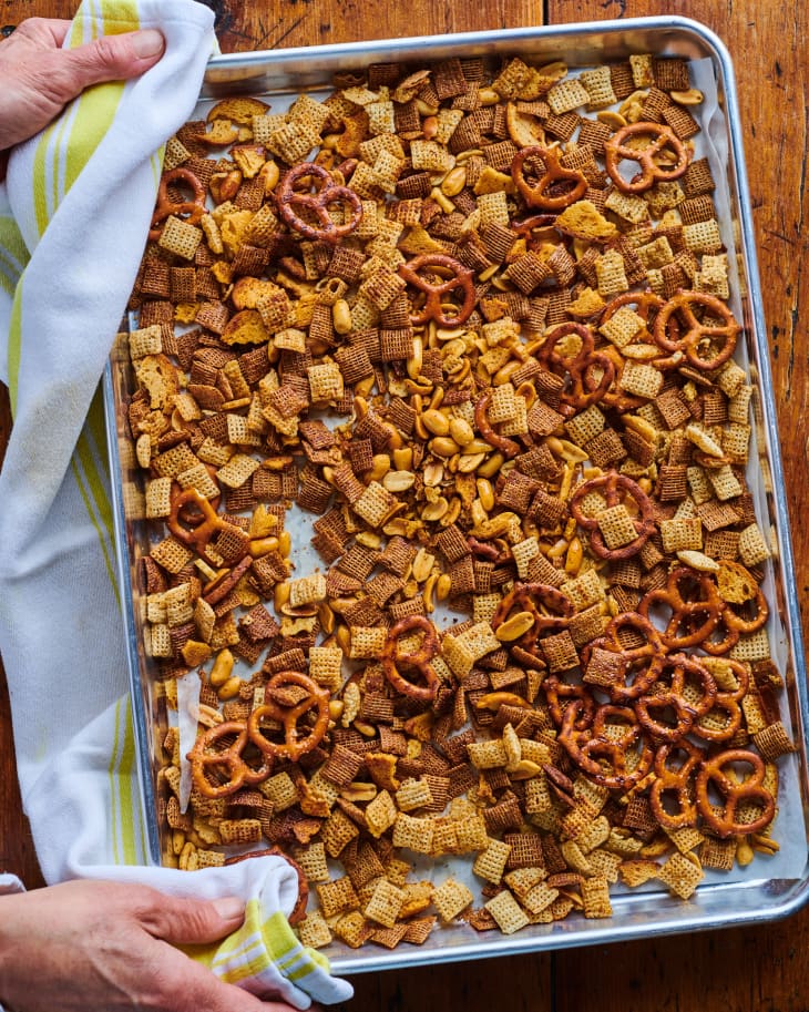 Chex mix on a sheet pan