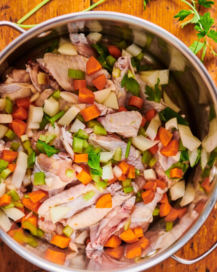 chicken stock ingredients in pot before cooking