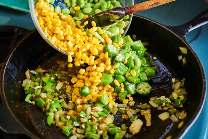 adding frozen vegetables to cast iron