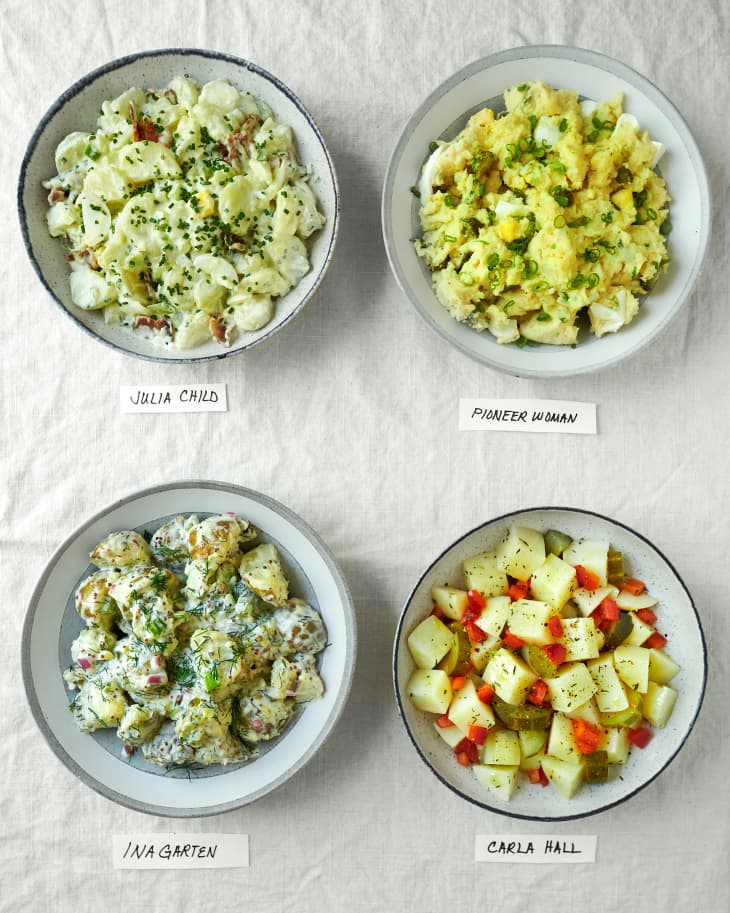 Various potato salads labeled and placed together in a square pattern. Clockwise: Pioneer Woman, Carla Hall, Ina Garten, Julia Child