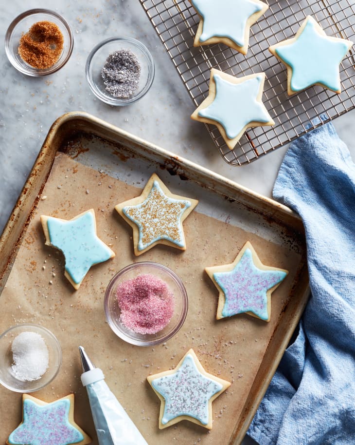 Decorated cookies on baking sheet.