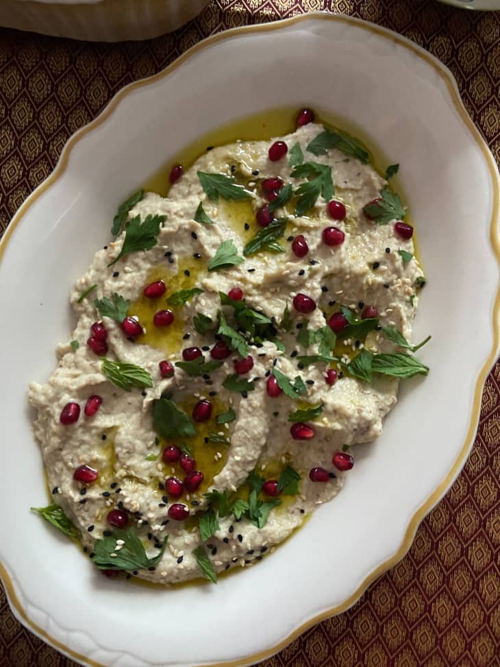 Eggplant Dip with pomegranate seeds and herbs