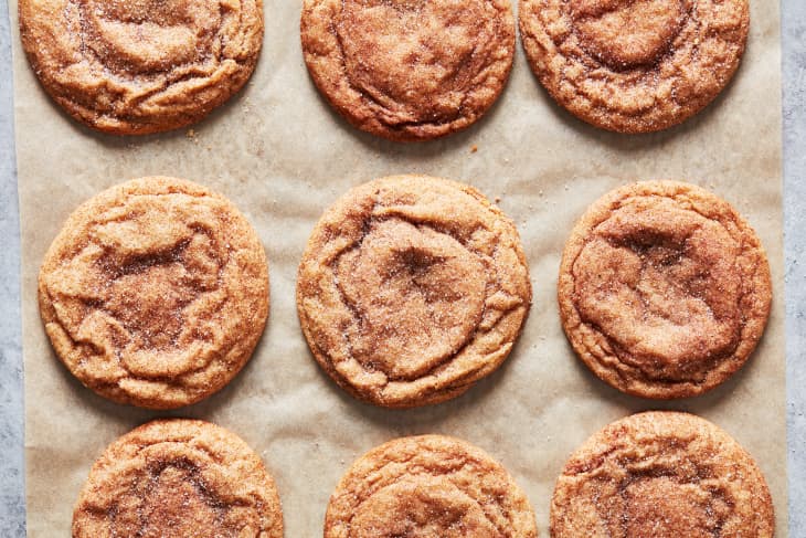 Snickerdoodle cookies on parchment paper.