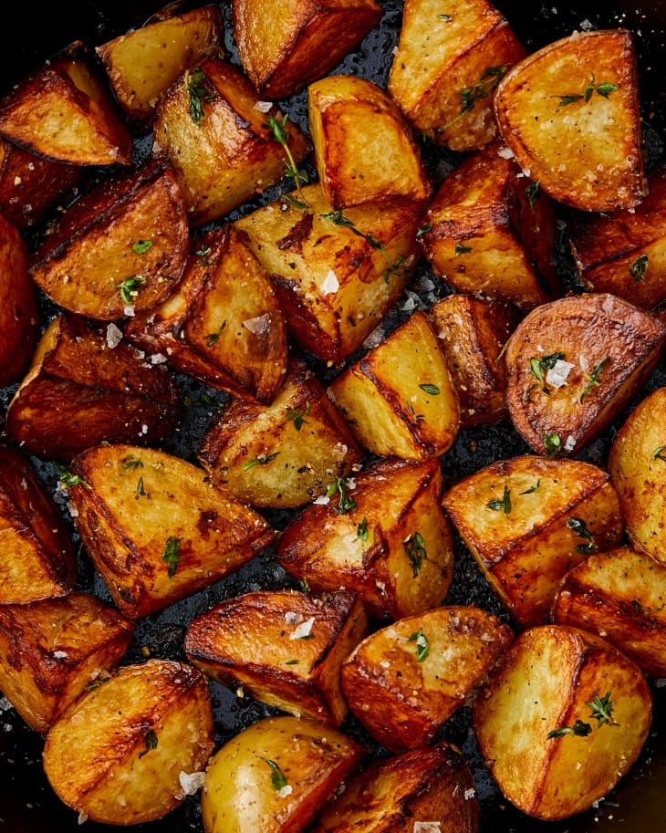 Close up of crispy skillet fried potatoes