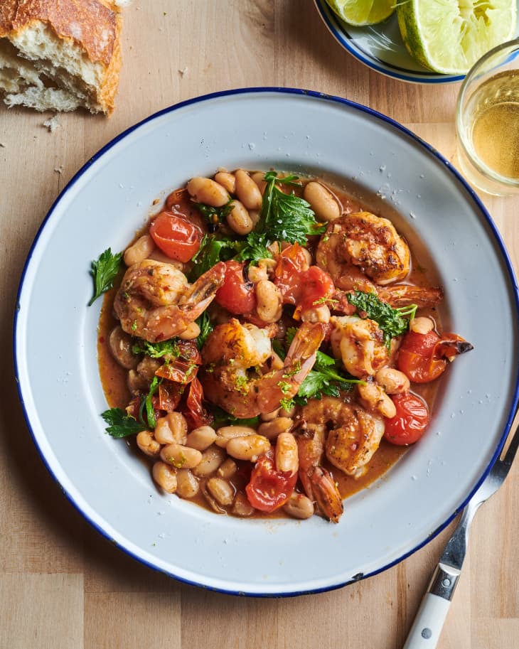 Garlicky Sautéed Shrimp with Creamy White Beans and Blistered Tomatoes