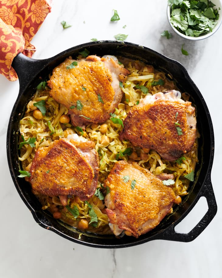 One-Skillet Chicken Thighs with Curried Cabbage and Chickpeas