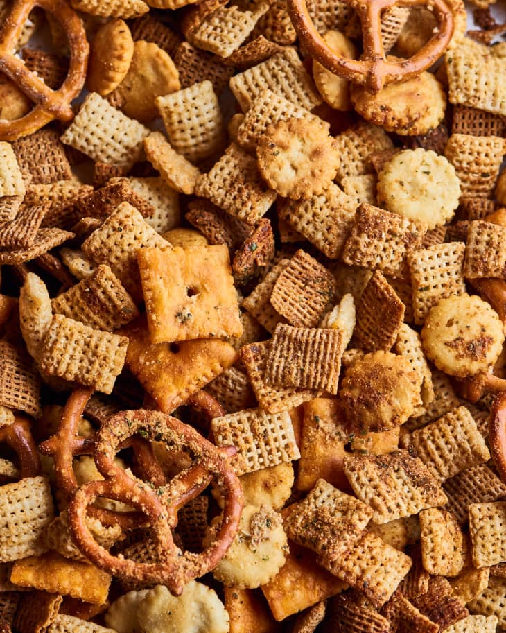 close up of finished ranch chex mix