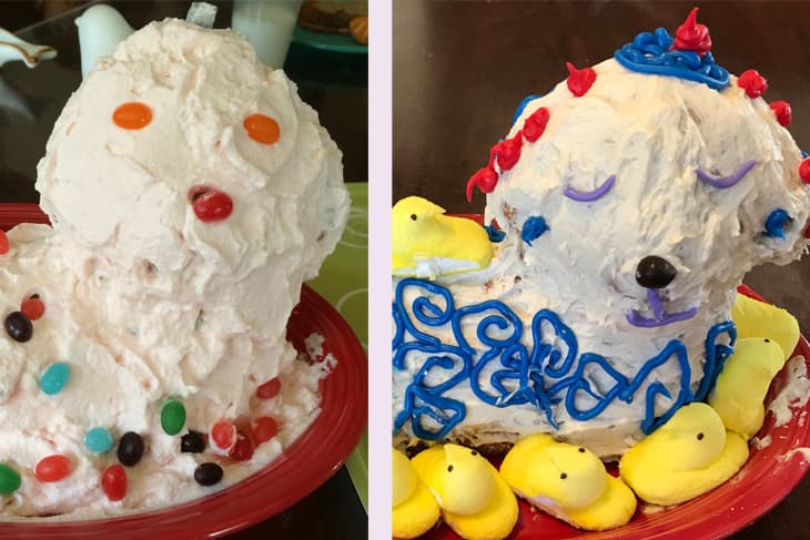 Two lamb cakes side by side. Left lamb cake decorated with Jelly Beans. Right lamb cake decorated with peeps.