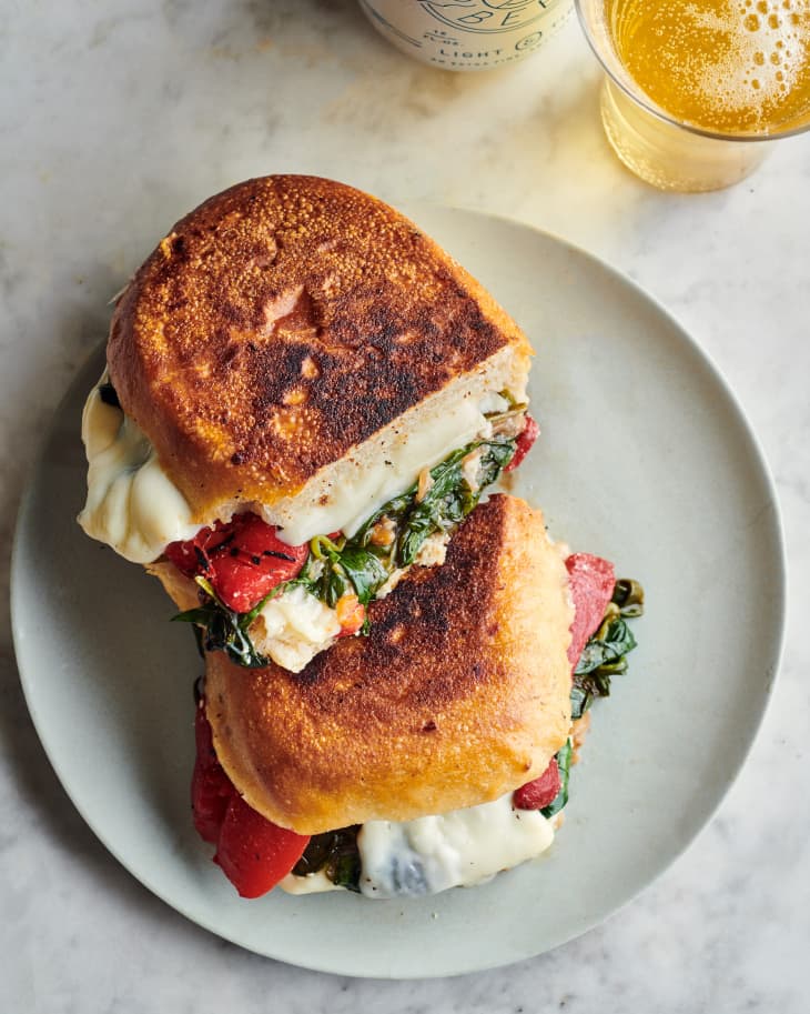 spinach and feta grilled cheese on a plate