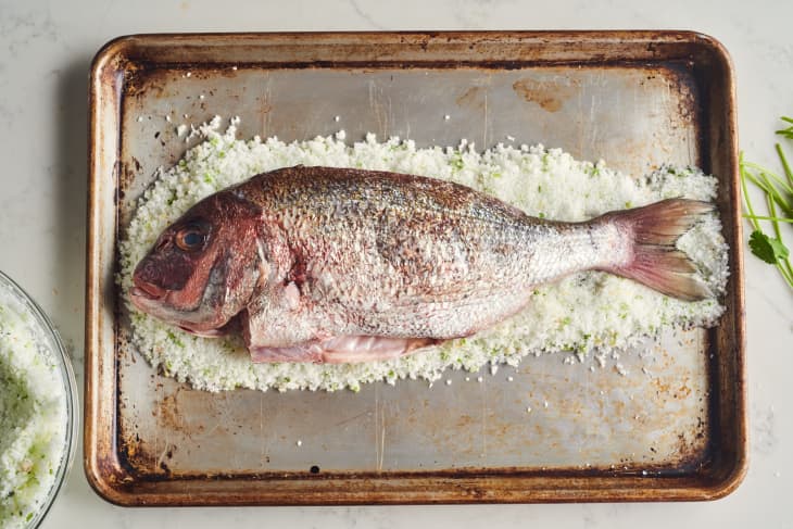 fish sits on top of layer of salt