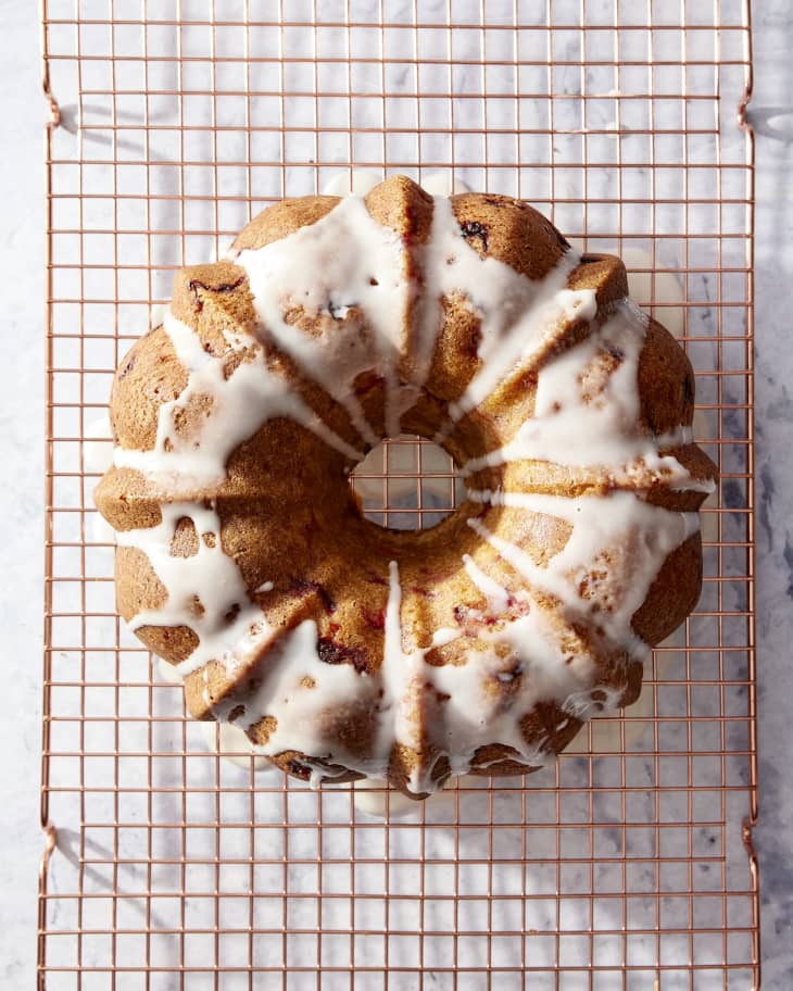 strawberry pound cake on a cooling rack