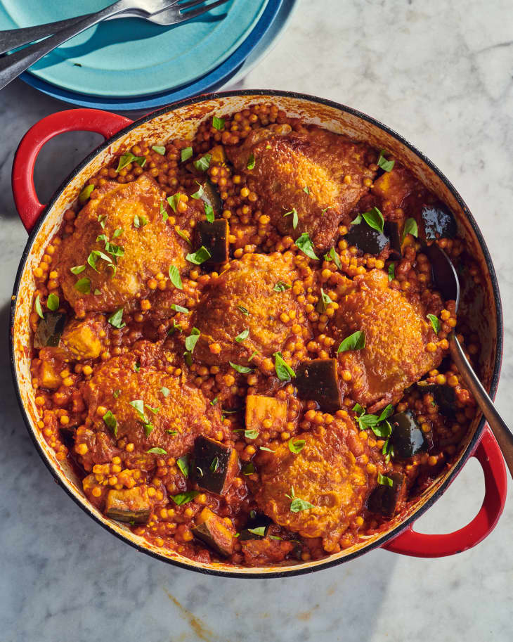 One-Skillet Chicken Thighs with Pearl Couscous and Eggplant Recipe