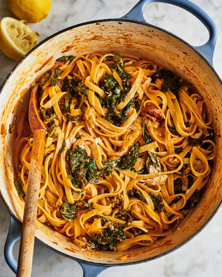 Pot of pasta with braised greens