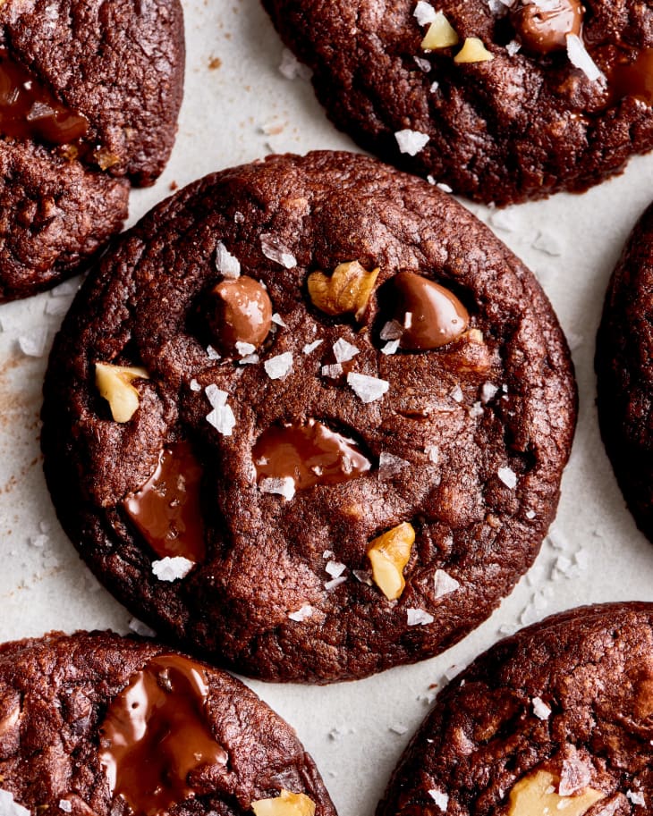 closeup of vegan double chocolate cookie on a sheet pan