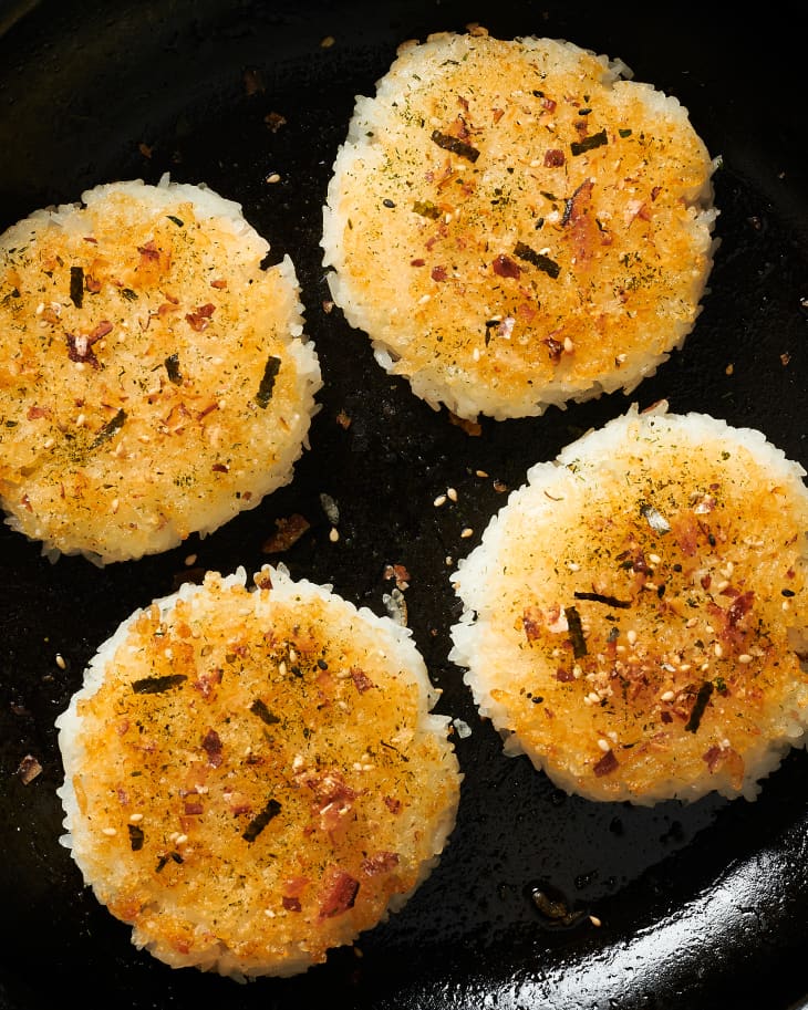 griddle rice cakes on a cast iron pan