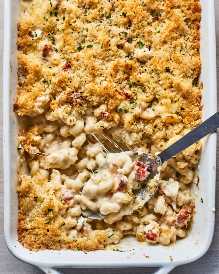 lobster mac and cheese in a casserole dish
