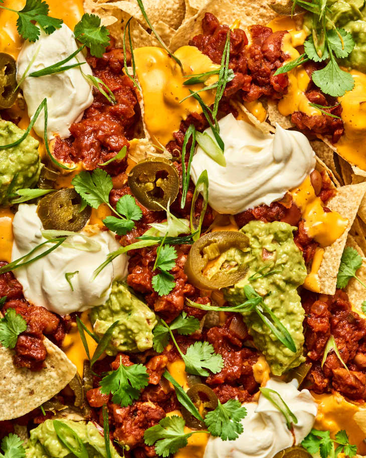 sheetpan of nachos, closeup